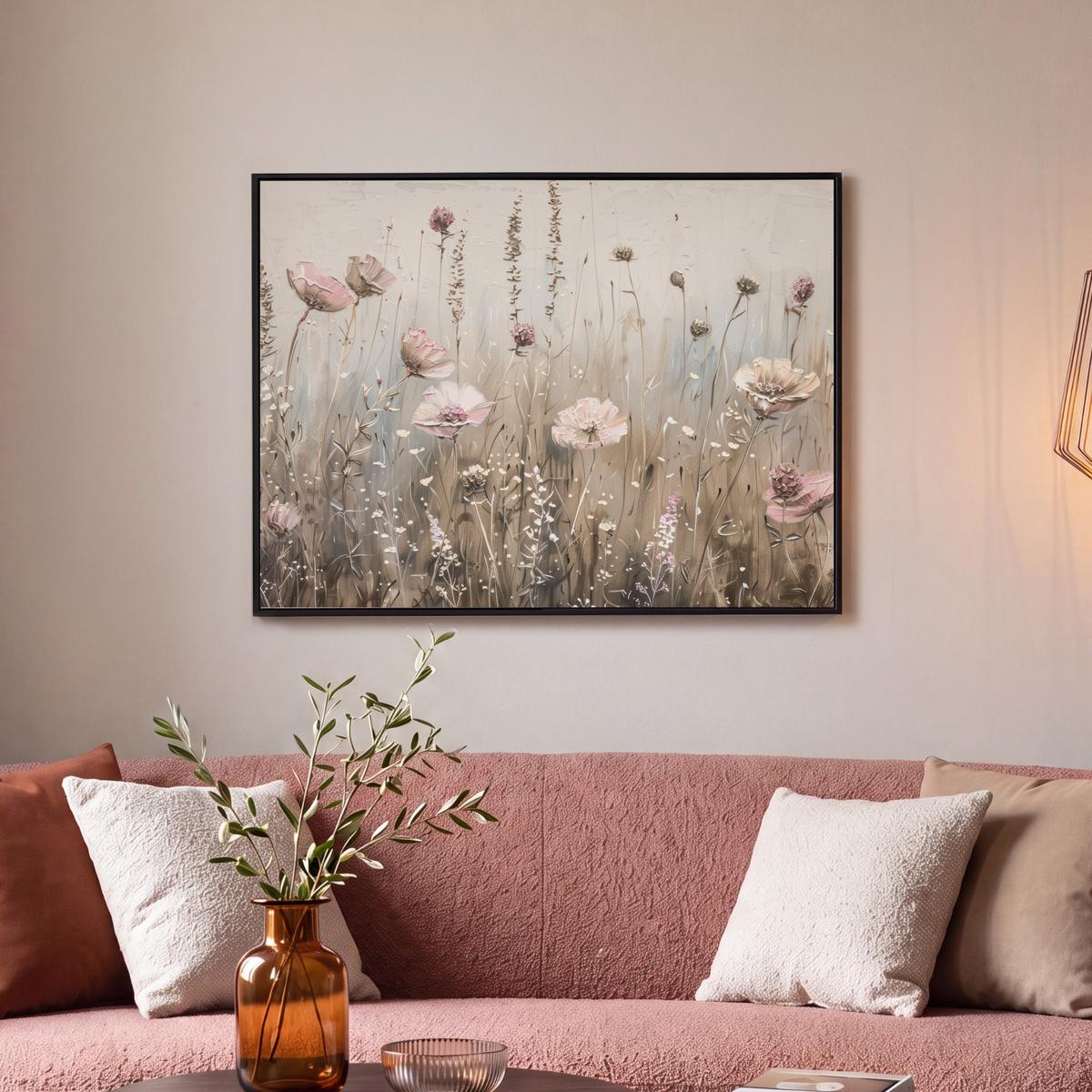LEINWAND Bilder mit Rahmen - Blumen - Rosa - Modern - Beige - 80x60 - Beige, Textil (80/60cm) - MuchoWow