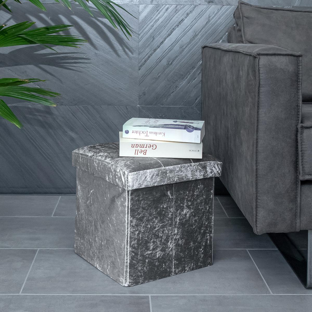 SITZHOCKER Faltbar mit Samtbezug 30/30/30 cm (Grau) - Grau, Karton (30/30/30cm) - Intirilife