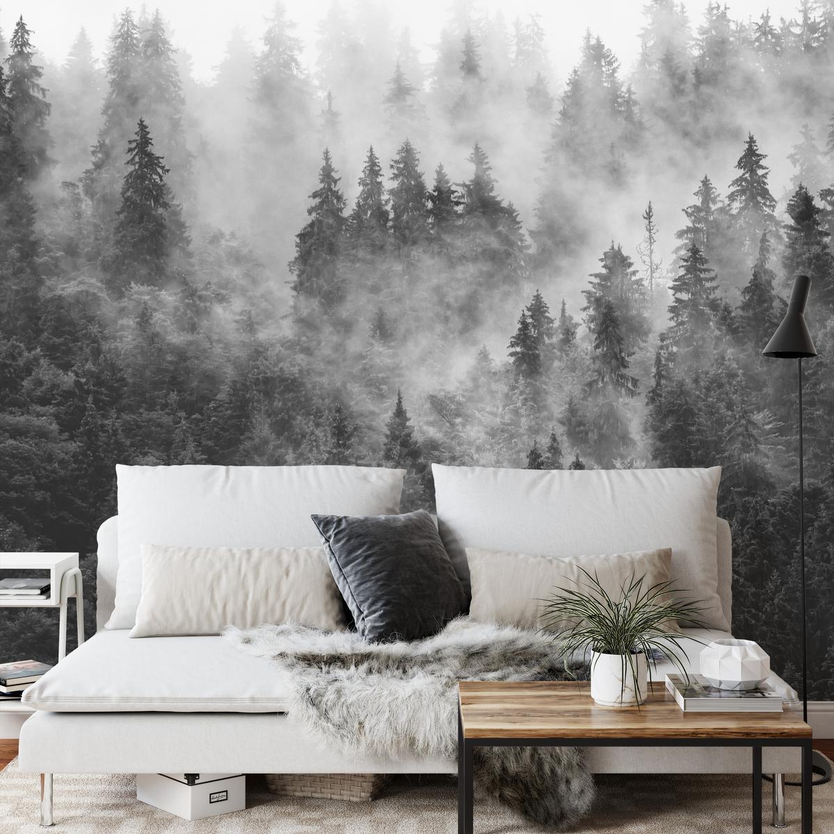 FOTOTAPETE für Wohnzimmer Dichter Nebel Forst Bäume 450x315 - Schwarz/Weiß, Papier (450/315cm) - Muralo