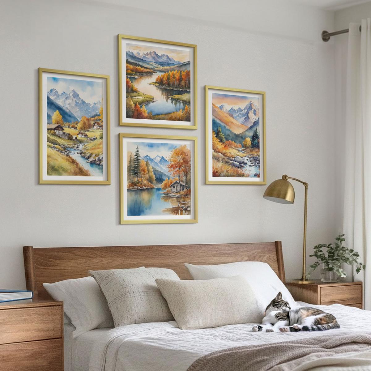 BILDER SET 4er Set - 50x50 cm & 40x60 cm Goldrahmen - Herbstliche Naturlandschaften - Goldfarben, Kunststoff (50/50cm) - TULUP