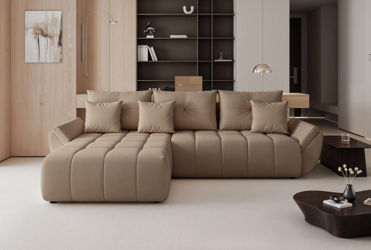 ECKSOFA ARO mit Schlaffunktion und Bettkasten Hellbraun - Hellbraun/Schwarz, Kunststoff/Textil (280/190cm) - Idohome