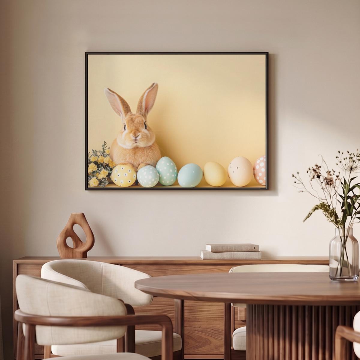 LEINWAND Bilder mit Rahmen - Eier - Kaninchen - Pastellfarbtöne - 70x50 - Hellgelb, Textil (70/50cm) - MuchoWow