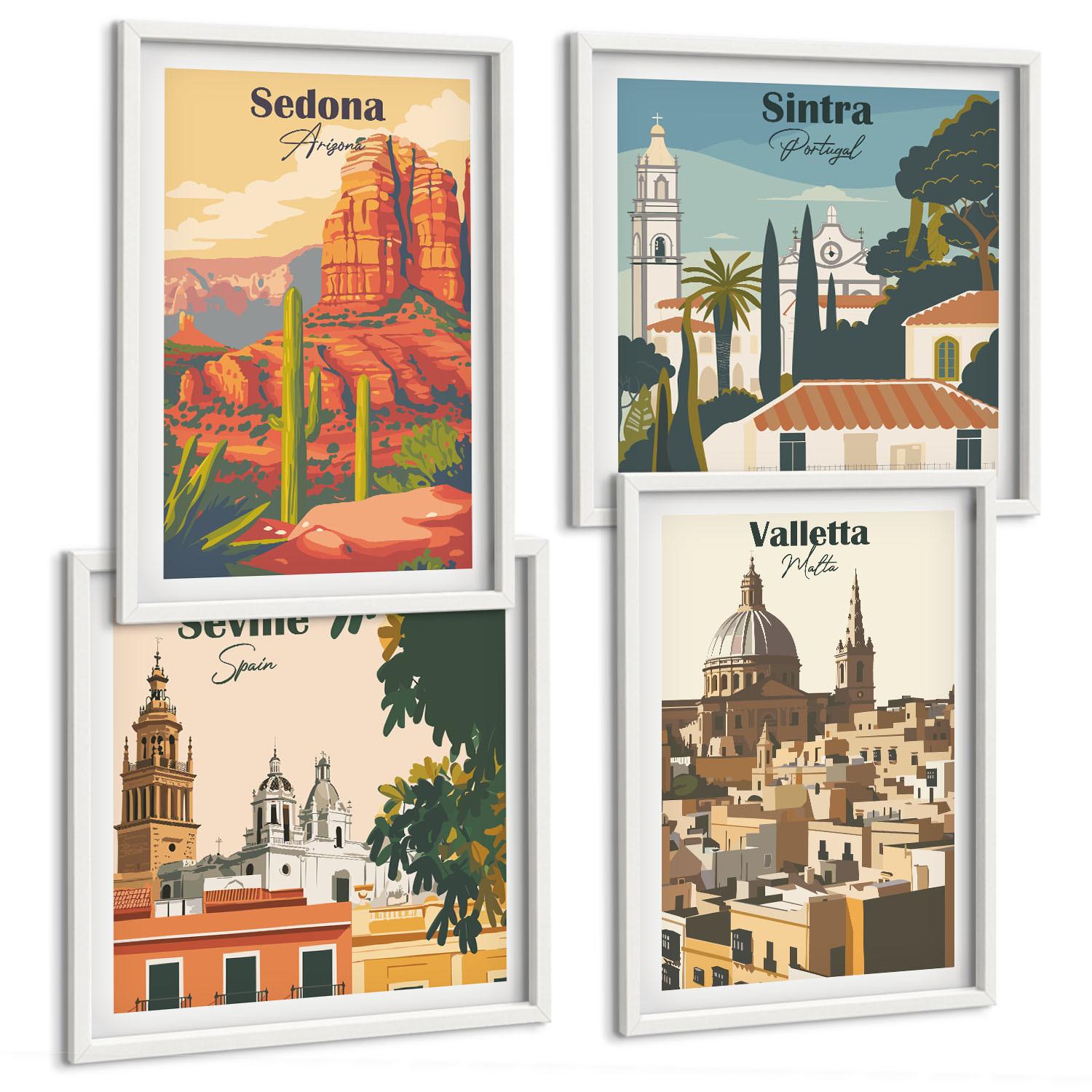 BILDER SET 4er Set - 50x50 cm & 40x60 cm Weißer Rahmen - Retro-Stadtansichten Sedona Sintra - Weiß, Kunststoff (50/50cm) - TULUP
