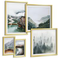 BILDER SET 5er Set - 50x50 cm & 20x30 cm & 40x60 cm Goldrahmen - Berge, See, Boot, Nebel, Strand - Goldfarben, Kunststoff (40/60cm) - TULUP