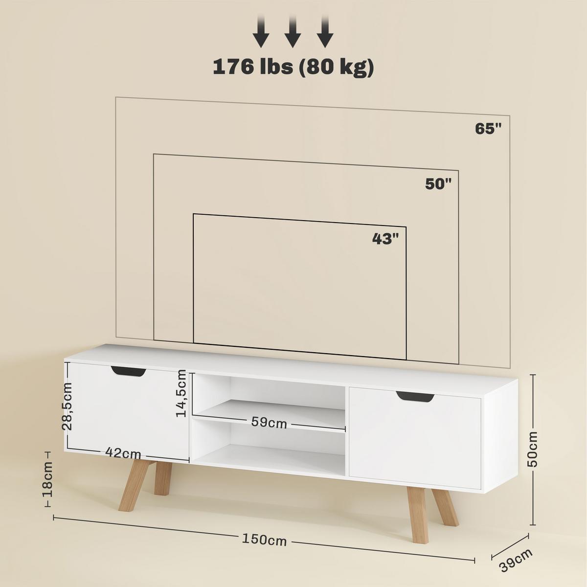 TV-SCHRANK, Fernsehtisch für Fernseher bis zu 65 Zoll, Lowboard mit 2 Schränken - Weiß/Naturfarben, Holz/Holzwerkstoff (39/50/150cm) - HOMCOM