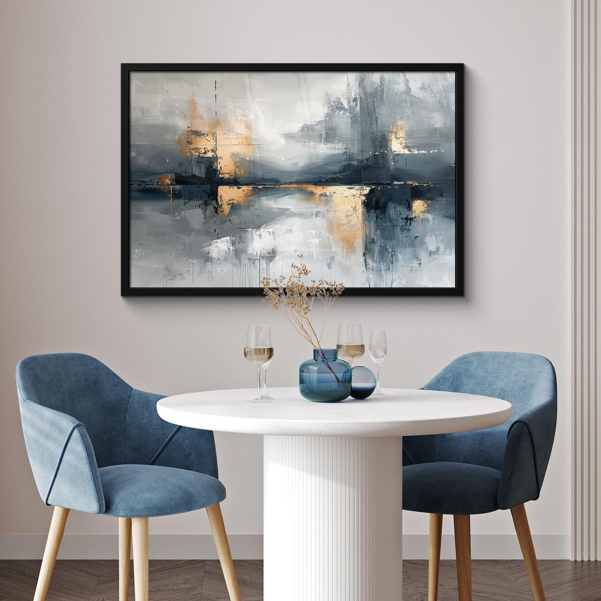 POSTER MIT RAHMENGERAHMTES BILD Kunst - Grau - Gold - Abstrakt 90x60 cm - Dunkelgrau, Papier (90/60cm) - MuchoWow