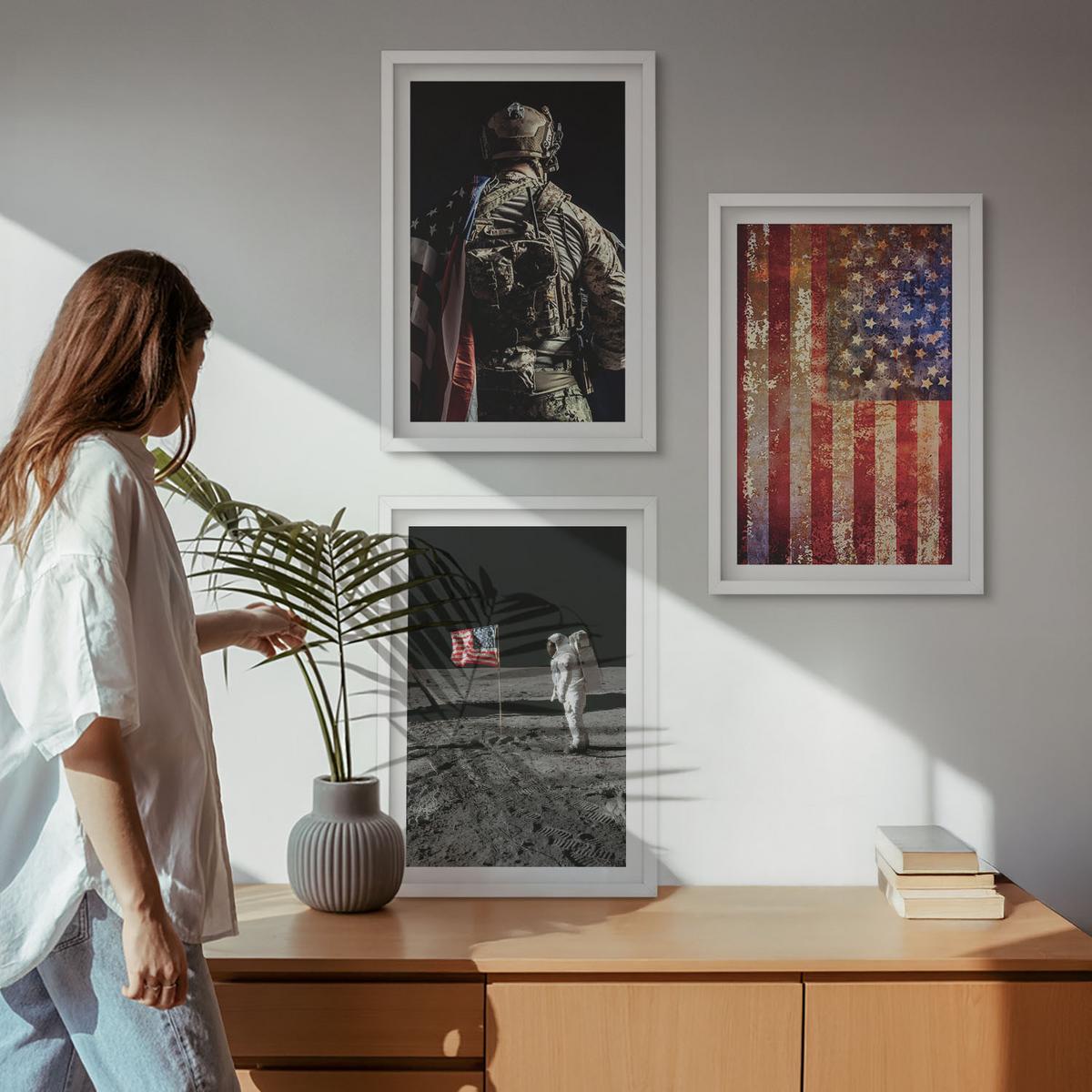BILDER SET 3er Set - 40x60 cm Weißer Rahmen - Amerikanische Symbole, USA-Flagge - Weiß, Kunststoff (40/60cm) - TULUP