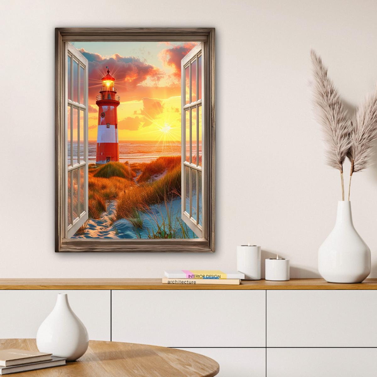 LEINWANDBILD Aussicht - Fenster - Leuchtturm - Sonnenuntergang - Strand Wandbild Wohnzimmer 60x80 cm - Dunkelorange, Textil (60/80cm) - MuchoWow
