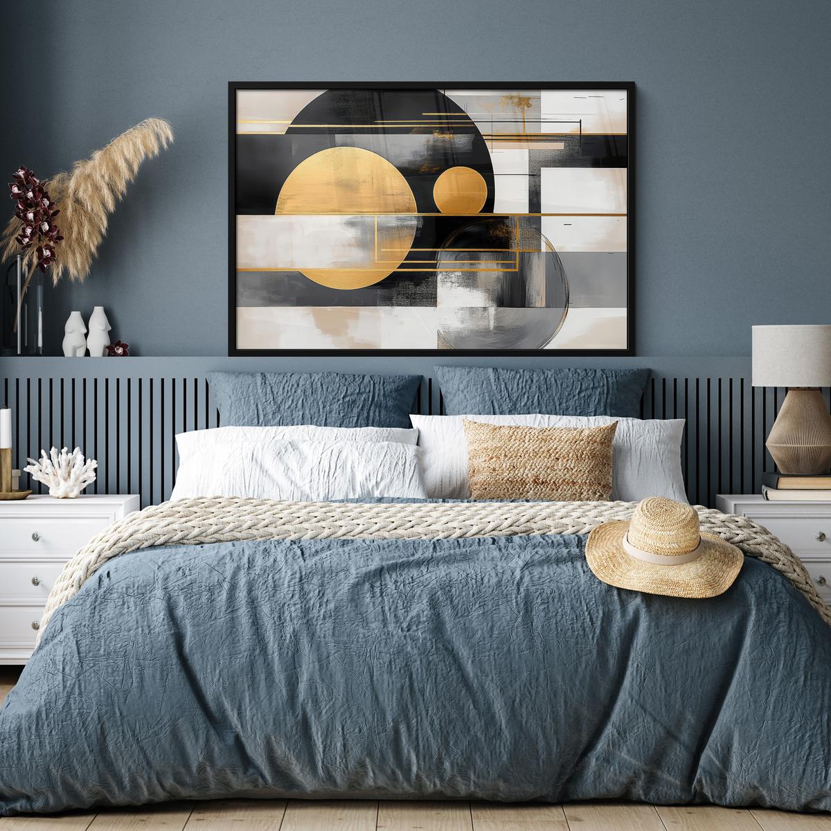 POSTER MIT RAHMENGERAHMTES BILD Abstrakt - Gold - Silber - Formen - Ästhetisch - Modern 120x80 cm - Goldfarben, Papier (120/80cm) - MuchoWow
