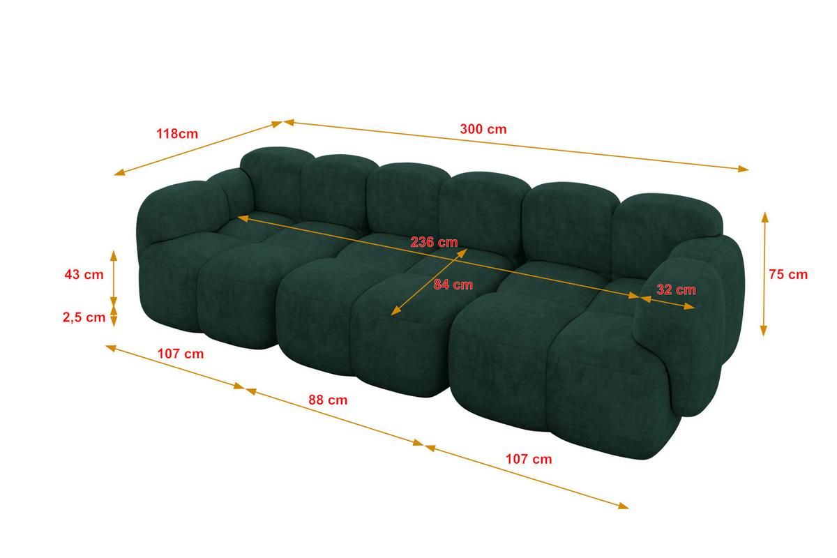 3-SITZER modulares Sofa Miko-S2 300x118x75 cm Grün Velours - Schwarz/Grün, Holzwerkstoff/Kunststoff (300/75/118cm) - ALTDECOR