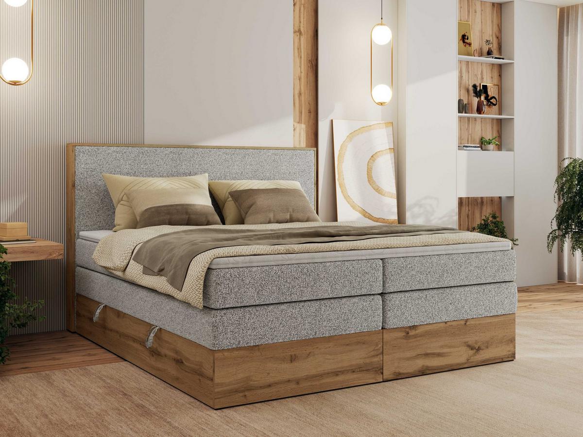 BOXBETT WOOD CLASSIC KING 200/200 - Hellgrau Strukture - H3 - Hellgrau, Textil (200/200cm) - MKS