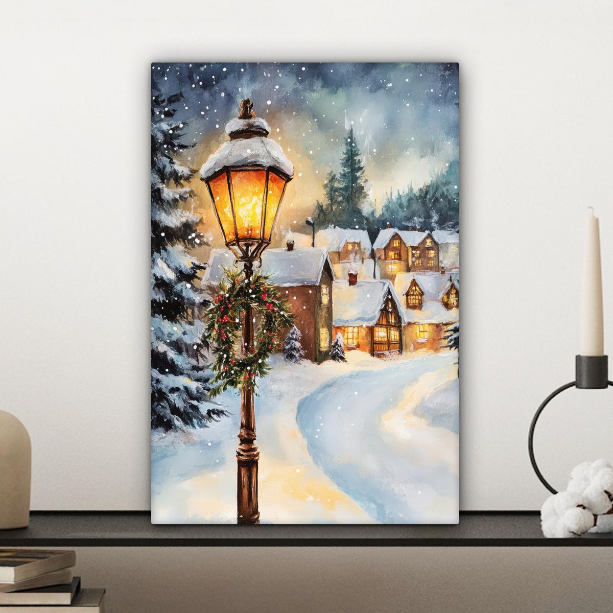 LEINWANDBILD Weihnachtsdorf - Häuser - Schnee - Weihnachten Deko Wohnzimmer 20x30 cm - Sandfarben, Textil (20/30cm) - MuchoWow