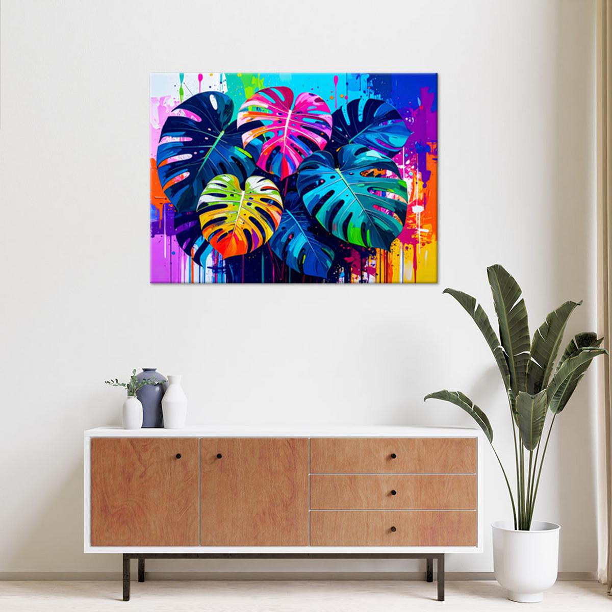 LEINWANDBILD Bunte Blätter Monstera 60x40cm - Multicolor, Textil (60/40cm) - Feeby
