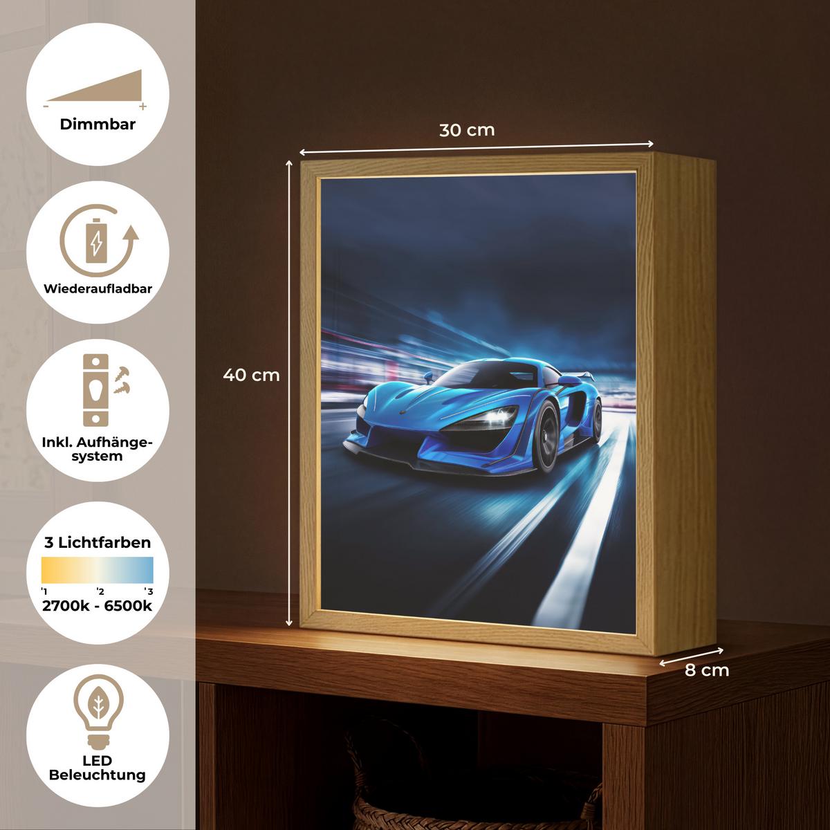 WANDLEUCHTE MIT AKKU Auto - Blau - Jungen - Kind 30x40 cm - Blau, Holzwerkstoff (30/40/8cm) - OnlyWow