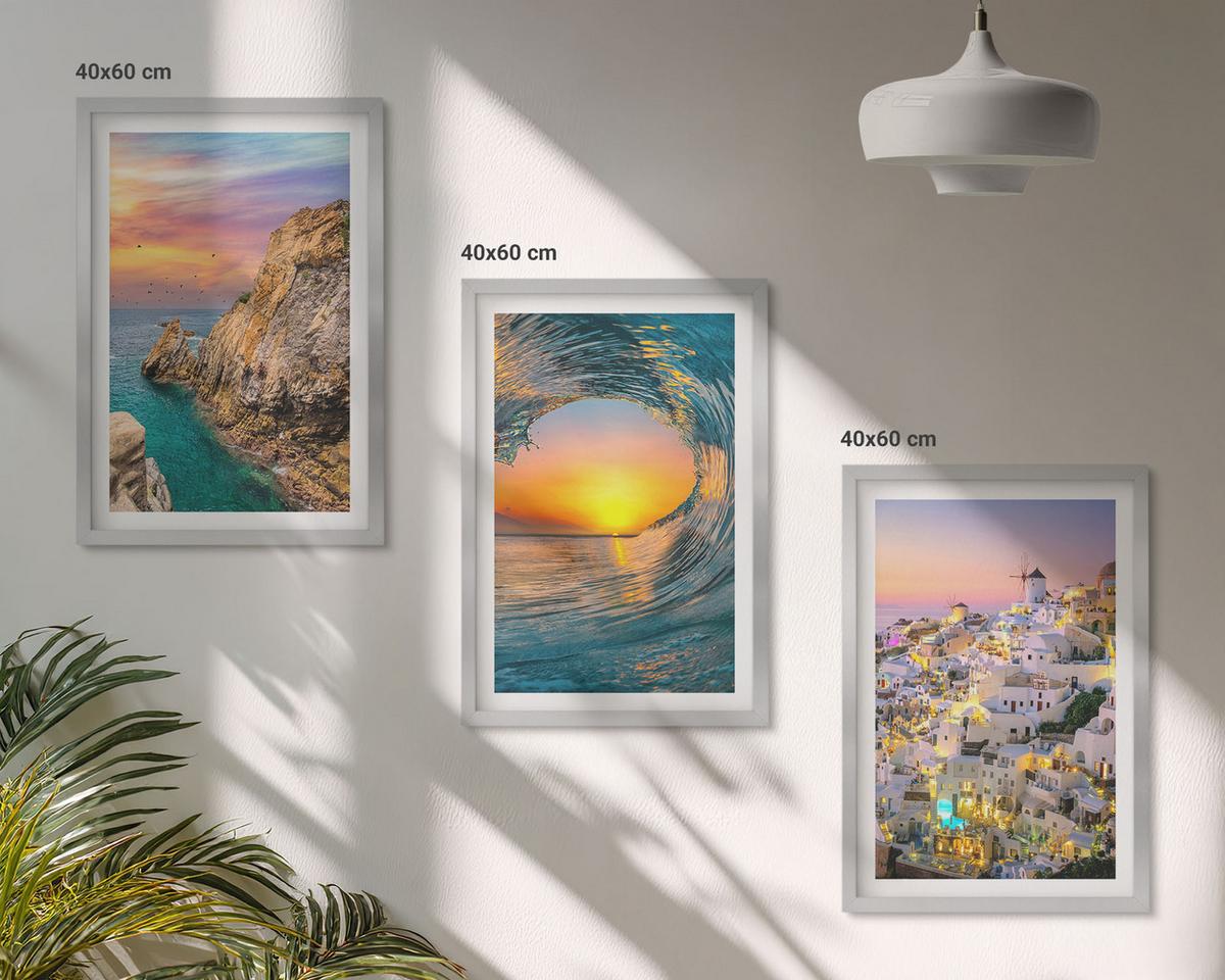 BILDER SET 3er Set - 40x60 cm Silberner Rahmen - Meereswellen, weiße Häuser, Santorini - Silberfarben, Kunststoff (40/60cm) - TULUP