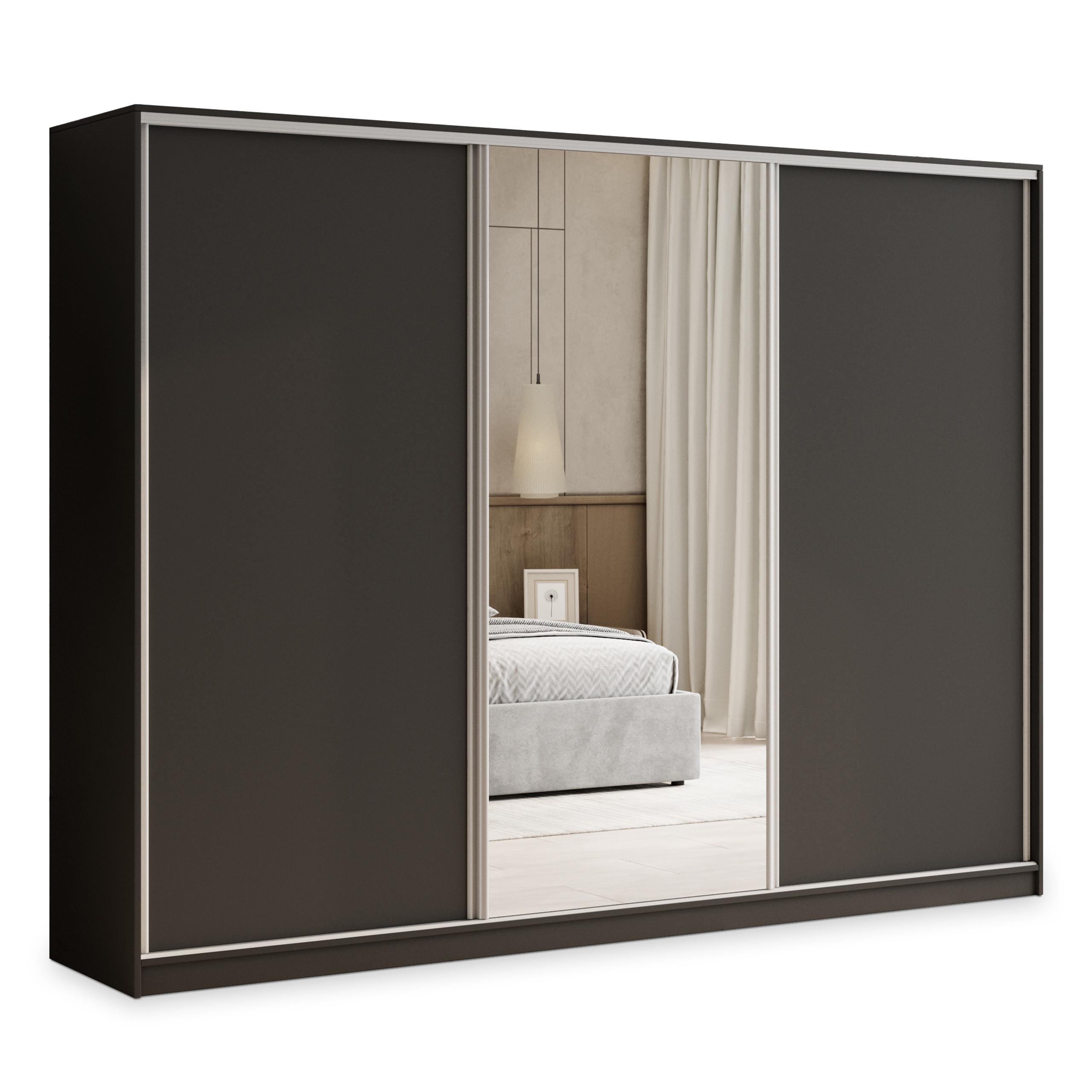 SCHWEBETÜRENSCHRANK TARI 270/205/58 cm 3-türig mit Spiegel und 4 Schubladen Schwarz - Schwarz, Holzwerkstoff (270/205/58cm) - MASSENO