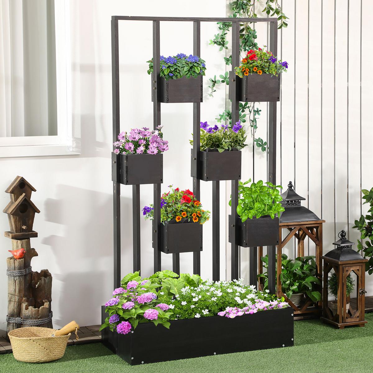 BLUMENKASTEN, Hochbeet, Pflanzkasten mit Rankhilfe Wand-Gemüsebeet Holz - Schwarz, Holz (45/170/90cm) - Outsunny