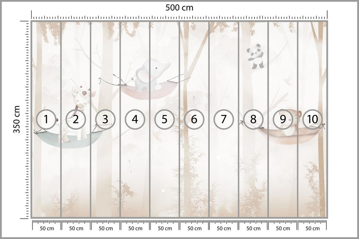 FOTOTAPETE für Kinderzimmer Tiere Hängematten WALD Elefant Giraffe 500x350 - Beige/Schwarz, Papier (500/350cm) - Muralo
