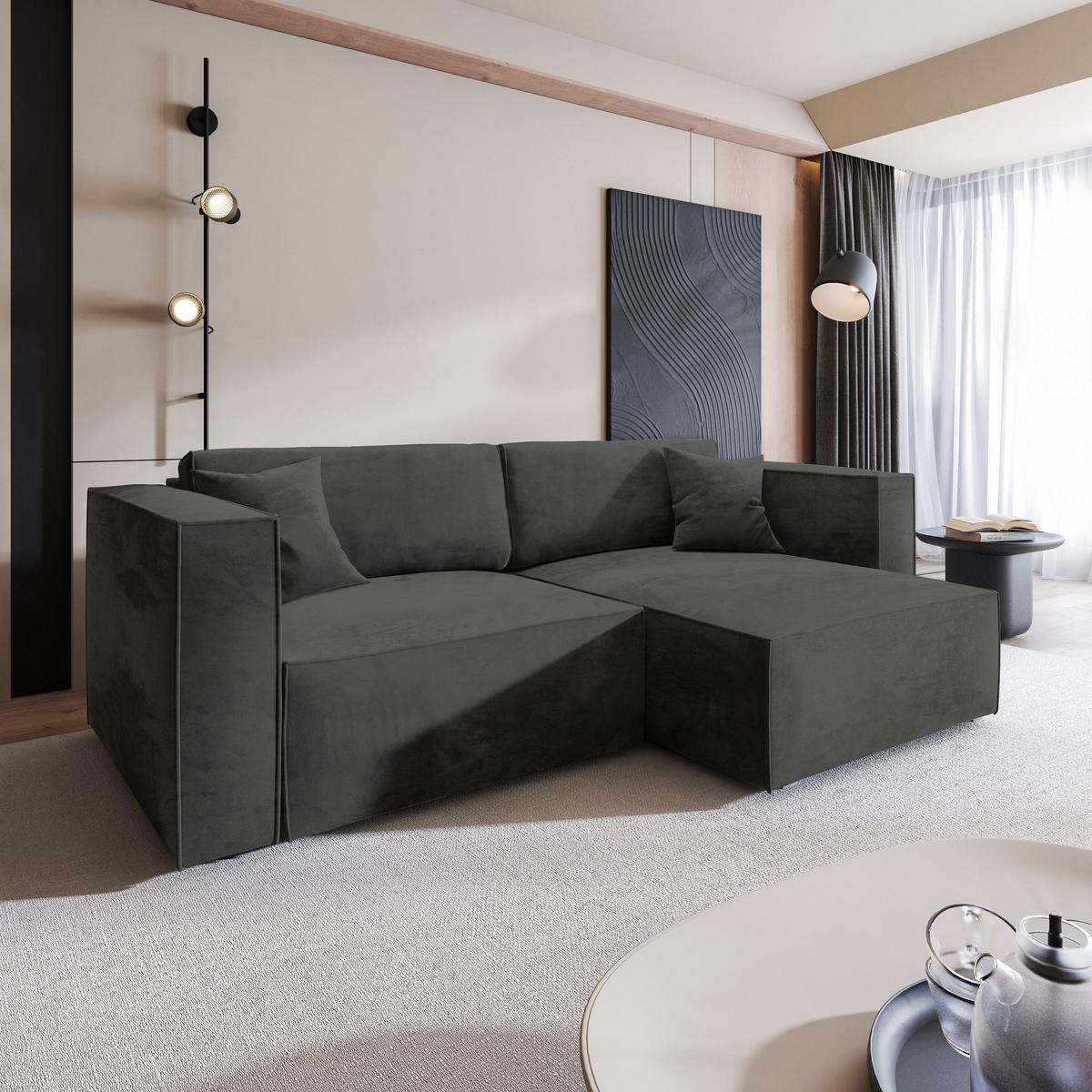 ECKSOFA NERIO M Schwarz Velours-Stoff mit Schlaffunktion - Schwarz/Grau, Holz/Kunststoff (245/148cm) - MASSENO