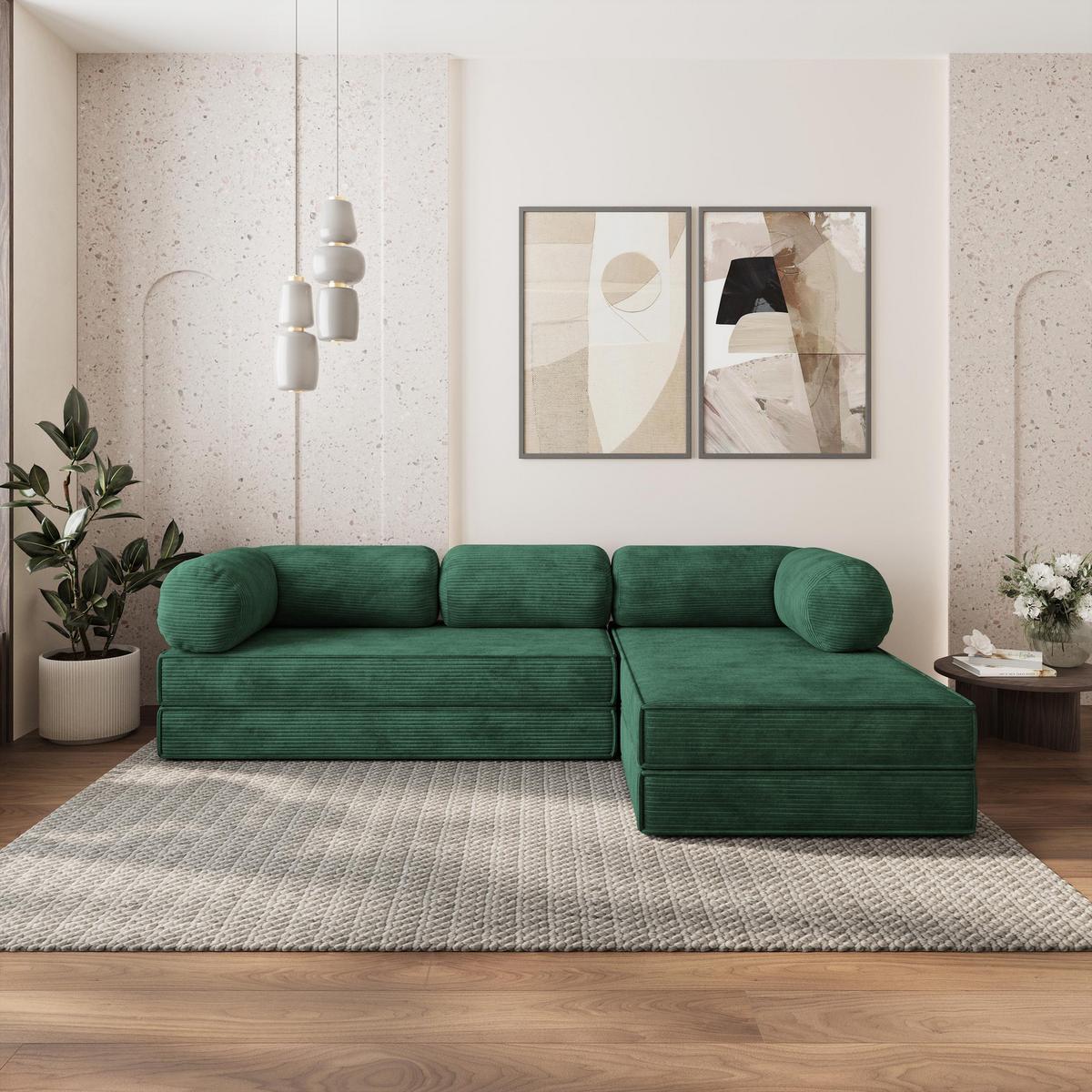 ECKSOFA ETERA modulares Boneless Sofa mit Schlaffunktion Grün Kordstoff - Grün, Textil (270/160cm) - MASSENO