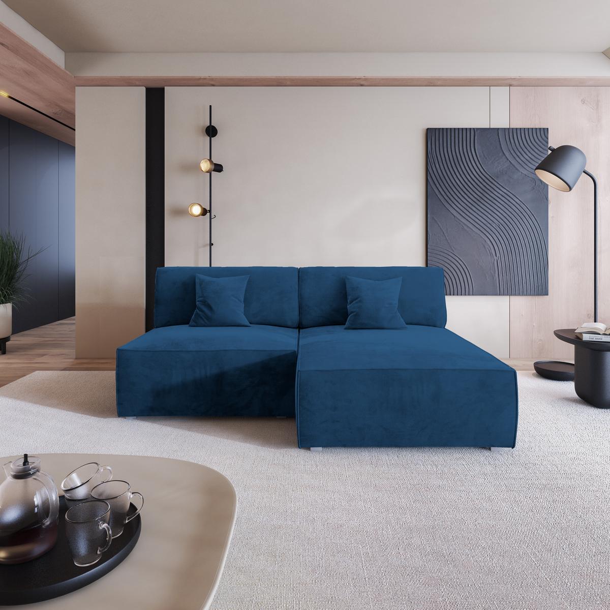 ECKSOFA FIORO M Blau Velours-Stoff mit Schlaffunktion - Blau/Grau, Holz/Kunststoff (204/148cm) - MASSENO