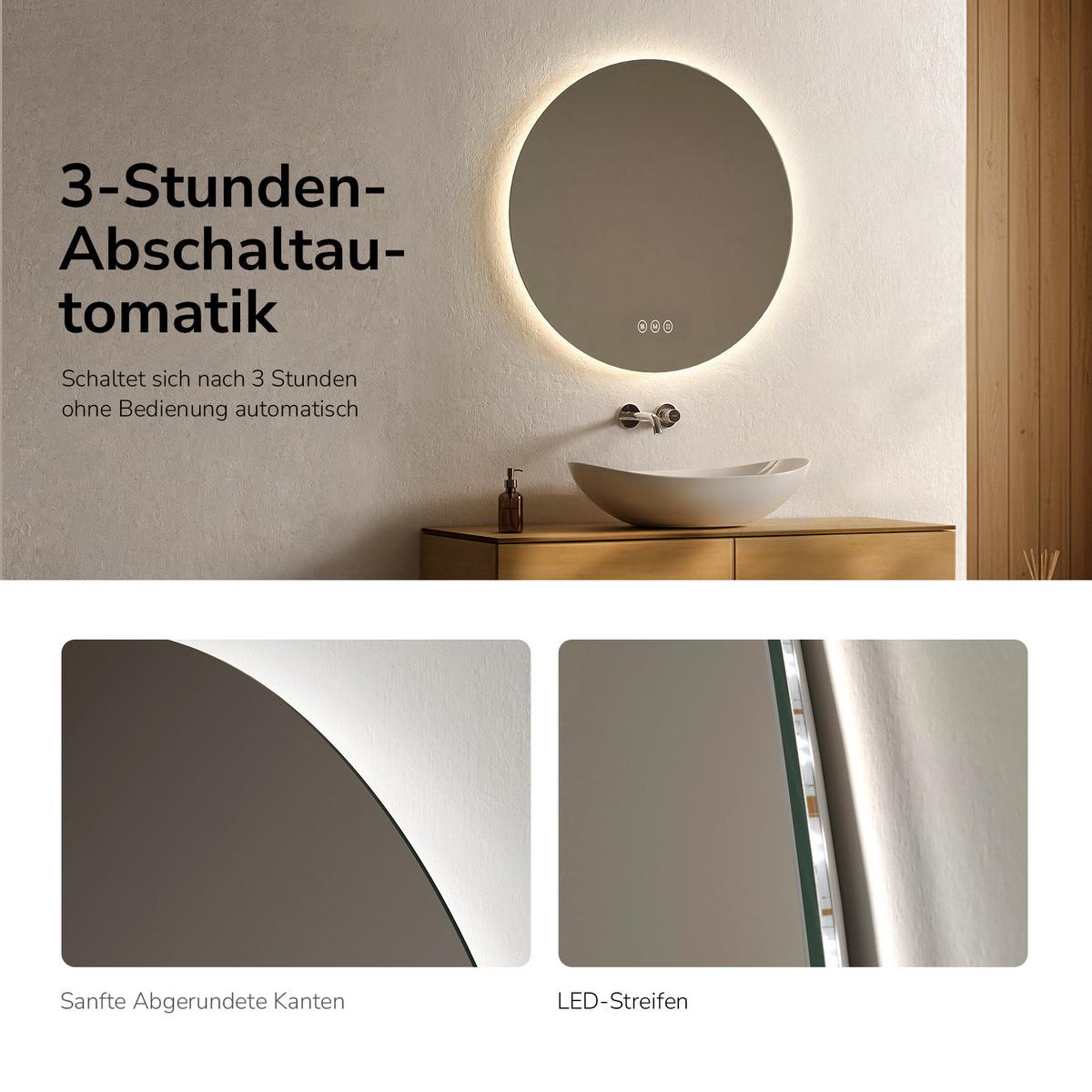 BADSPIEGEL Rund mit Beleuchtung Rahmenlos, 3 Lichtfarben, beschlagfrei, Ø 60 cm - Transparent, Glas (60/60/3.5cm) - EMKE