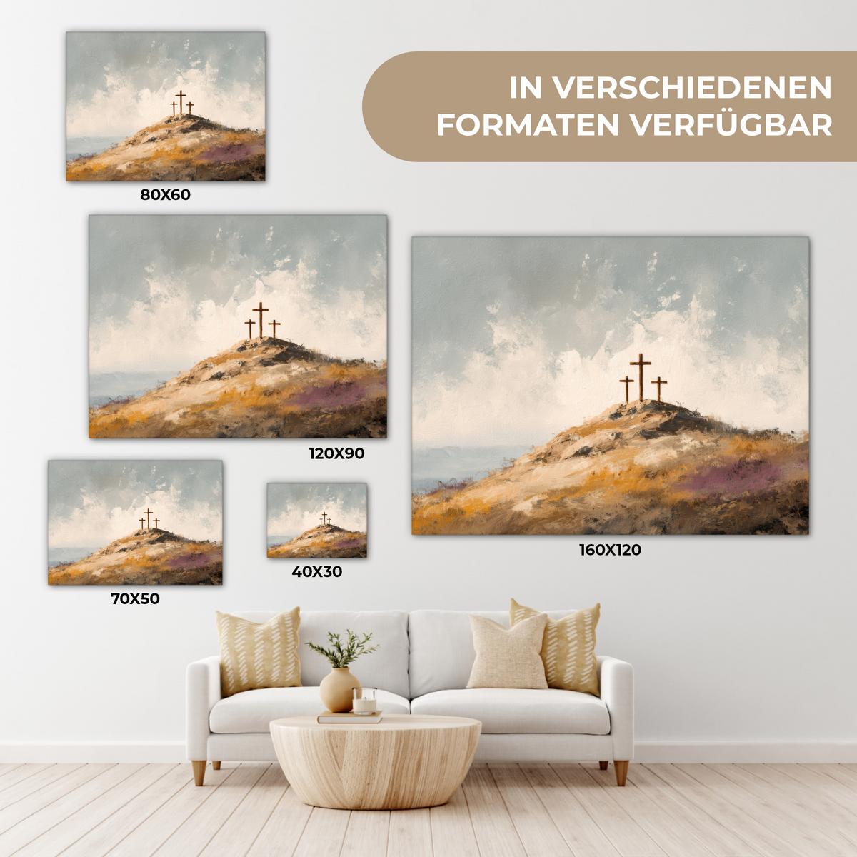 LEINWANDBILD Hügel - Abstrakt - Christentum - Kreuz Wandbilder 80x60 cm - Hellgrau, Textil (80/60cm) - MuchoWow