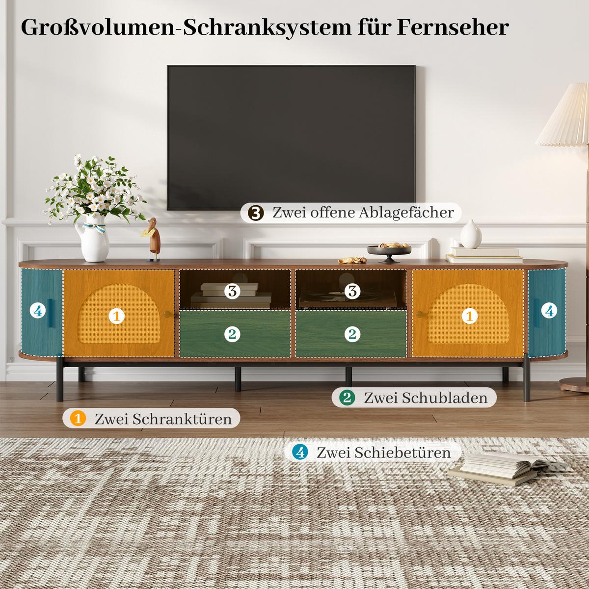 TV-LOWBOARD in holzoptik mit rattan, ovale form und viel stauraum - Walnussfarben, Holzwerkstoff (200/49.5/40cm) - Urban Meuble