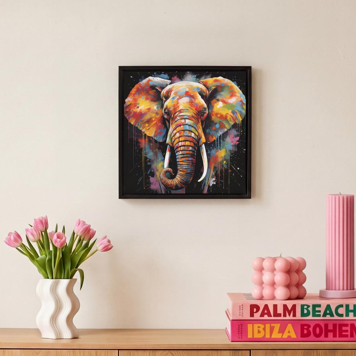 LEINWAND Bilder mit Rahmen - Elefant - Graffiti - Schwarz - Tiere - Farben - 20x20 - Schwarz, Textil (20/20cm) - MuchoWow
