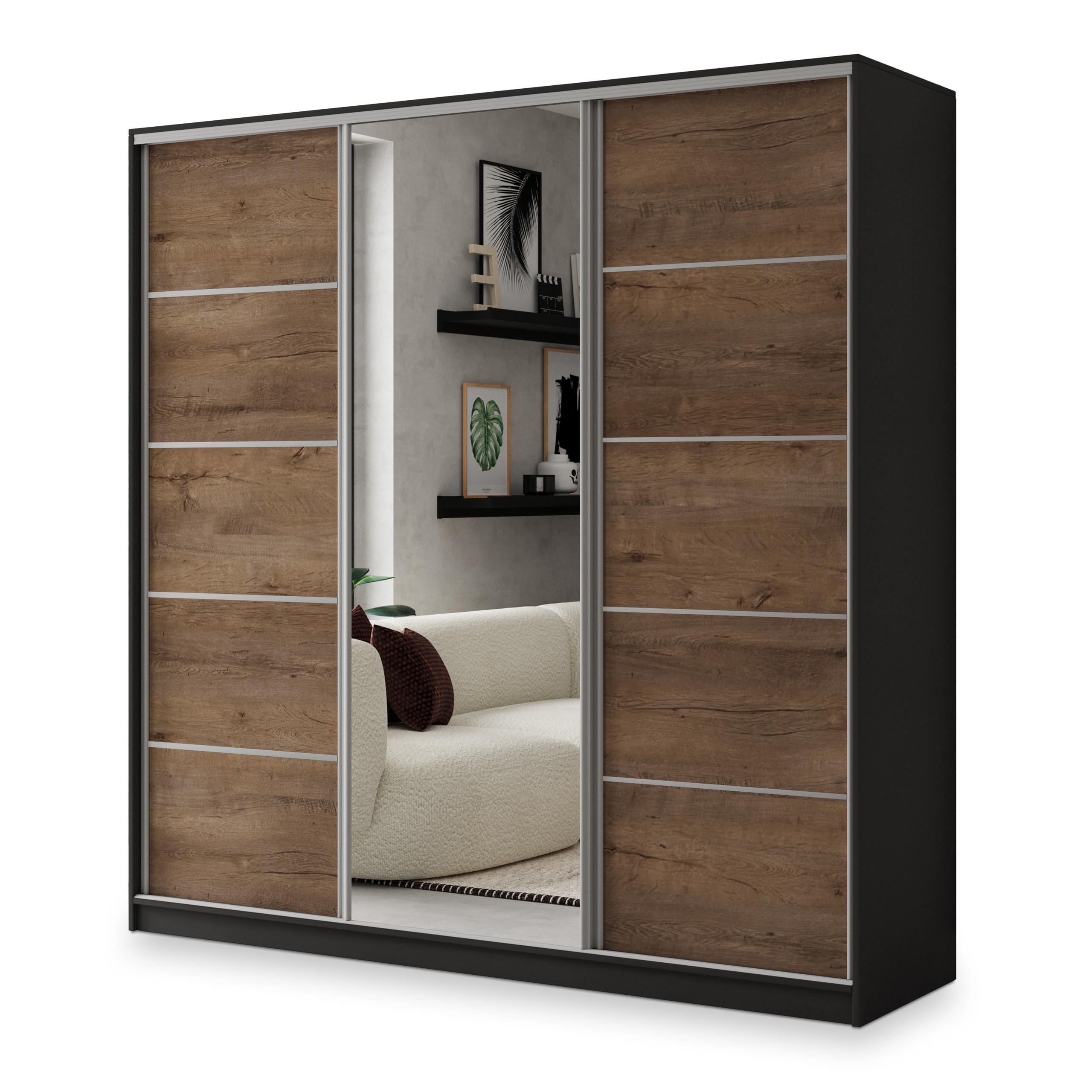 SCHWEBETÜRENSCHRANK NATA 200/205/58 cm 3-türig mit Spiegel und 4 Schubladen Schwarz - Eichefarben/Schwarz, Holzwerkstoff (200/205/58cm) - MASSENO