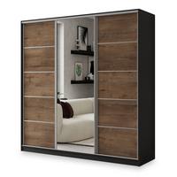 SCHWEBETÜRENSCHRANK NATA 200/205/58 cm 3-türig mit Spiegel und 4 Schubladen Schwarz - Eichefarben/Schwarz, Holzwerkstoff (200/205/58cm) - MASSENO