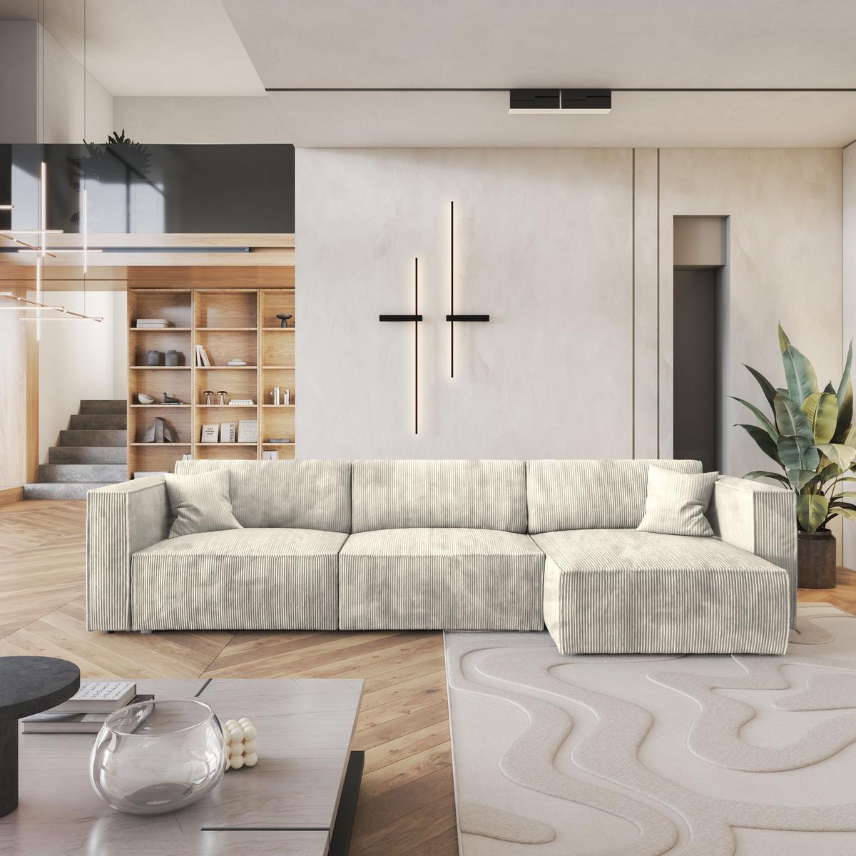 ECKSOFA TOLMO P Creme Kordstoff mit Schlaffunktion - Creme/Grau, Holz/Kunststoff (347/148cm) - MASSENO