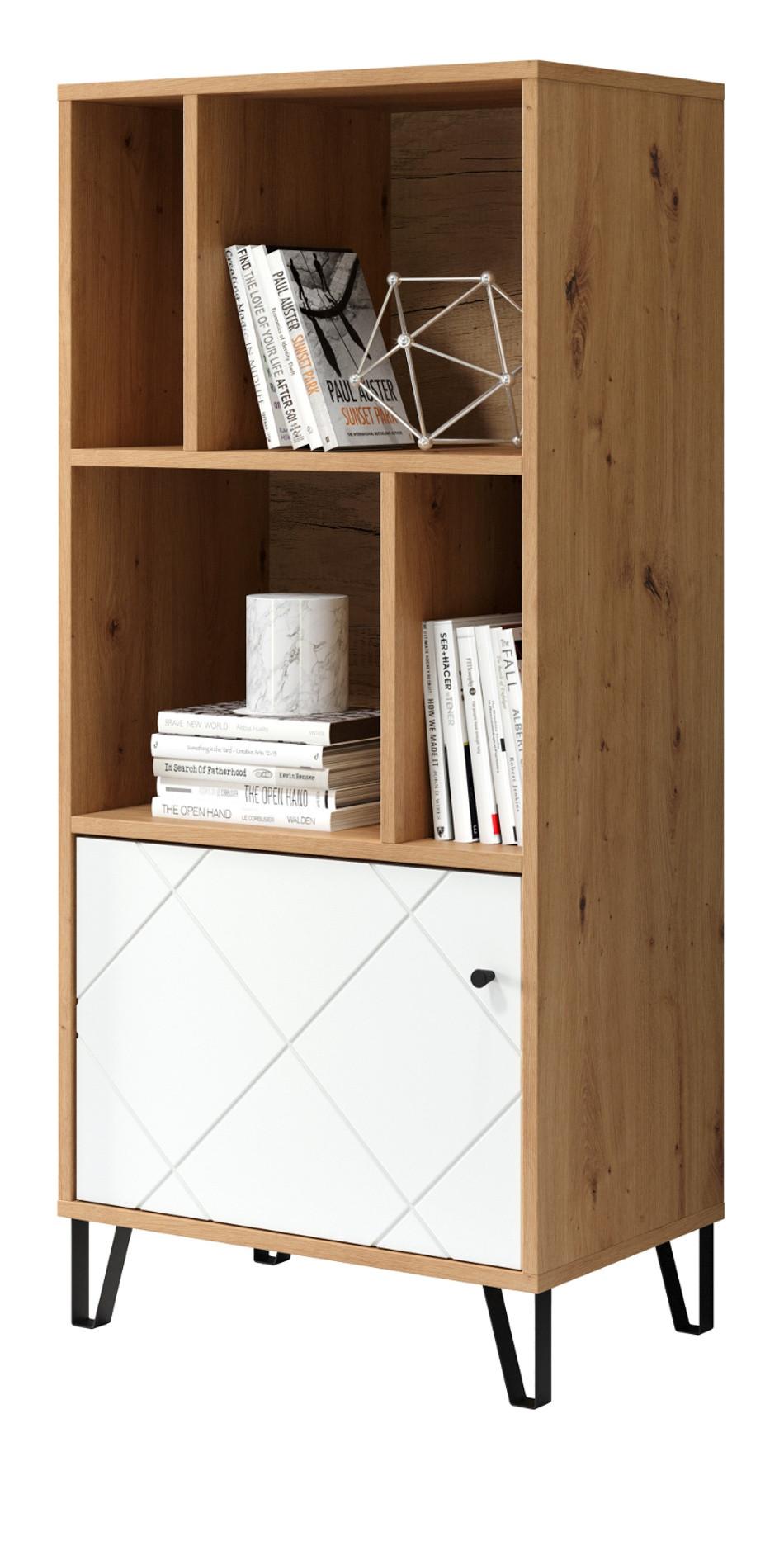 REGALSCHRANK weiß matt, Eiche Artisan 63 x 136 cm, Bücherregal mit Rautenoptik - Eichefarben/Schwarz, Holzwerkstoff/Kunststoff (63/136/40cm) - Top.Furn