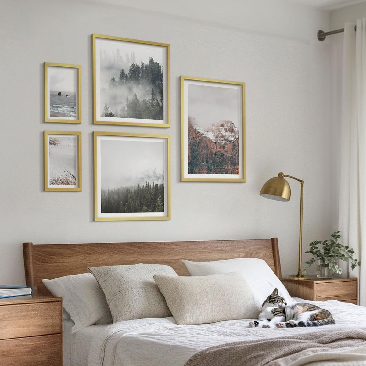 BILDER SET 5er Set - 50x50 cm & 20x30 cm & 40x60 cm Goldrahmen - Abstrakte Wellen, graue Pastellfarben - Goldfarben, Kunststoff (40/60cm) - TULUP