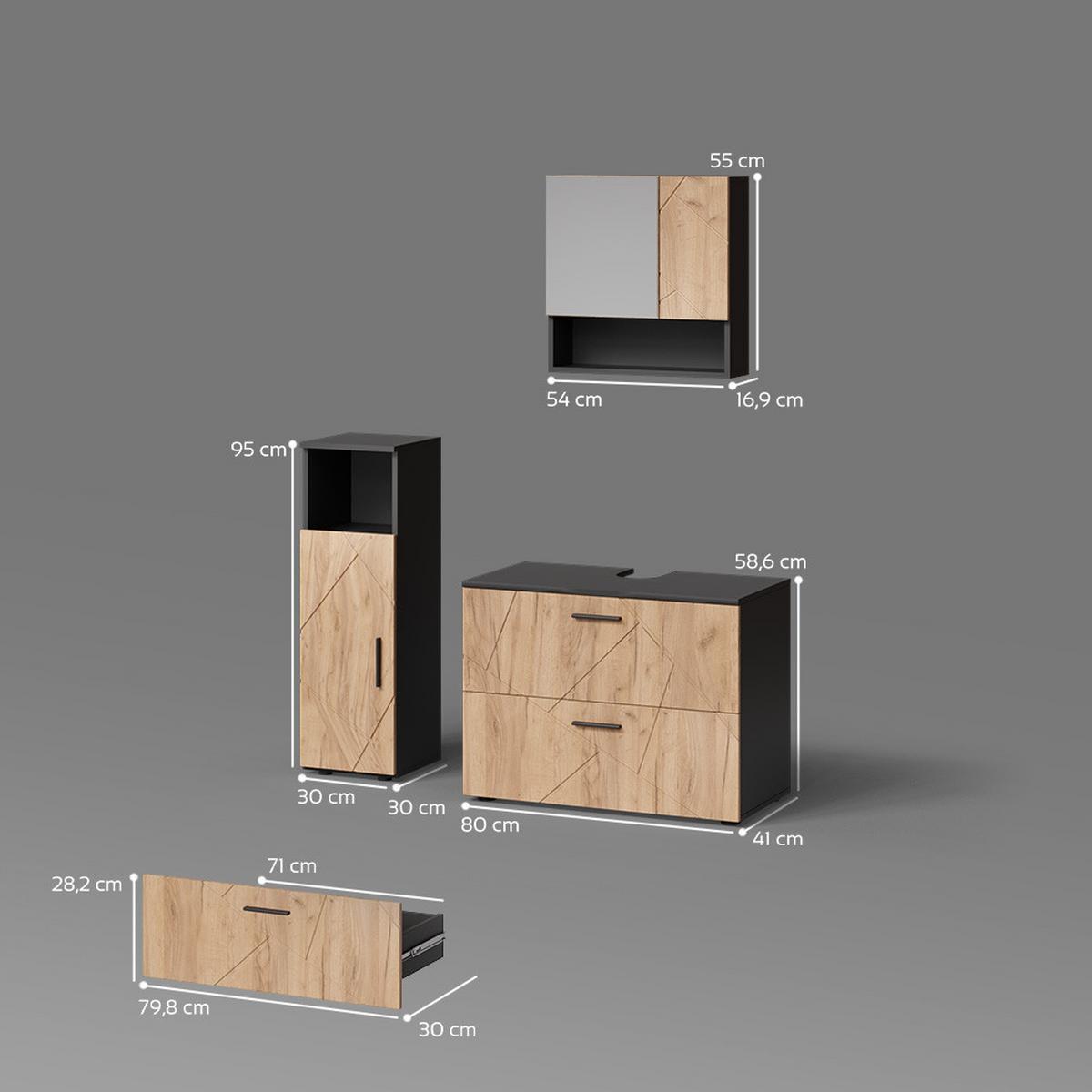 BADMÖBEL-SET Ronco Goldkraft Eiche/Anthrazit 3 Teile, mit Midischrank - Honigeiche/Anthrazit, Holzwerkstoff (54/55/41cm) - Livinity®