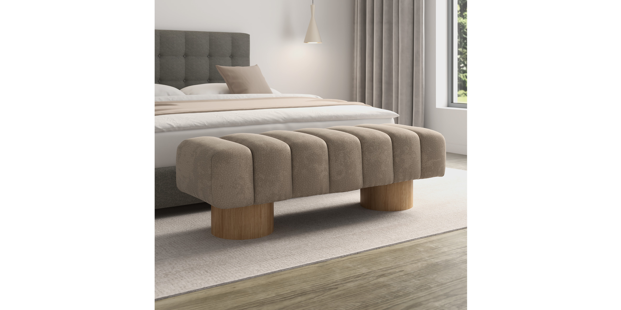 Beige Bettbank mit Holzfüßen vor Polsterbett
