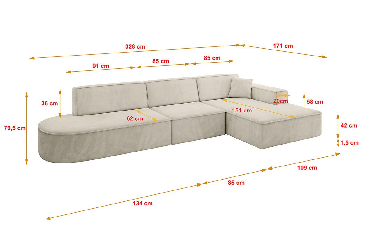 ECKSOFA Ottomane Rechts IREA-L2-v4 - 328x171x79 cm Dunkelgrau - Ecru, Holzwerkstoff/Textil (171/328cm) - ALTDECOR