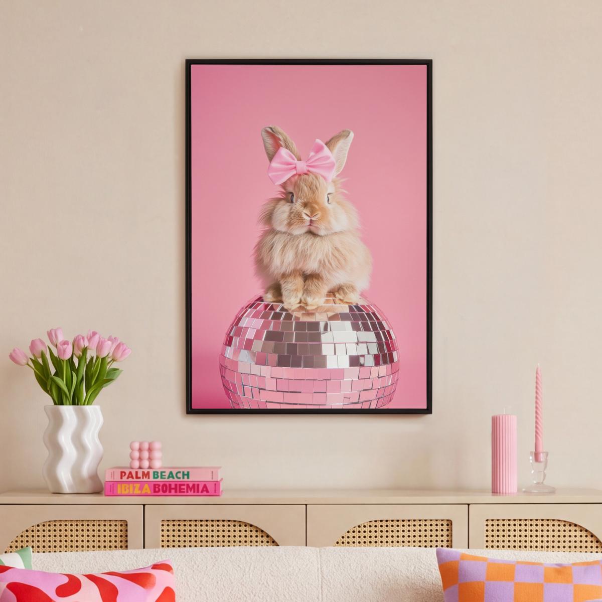 LEINWAND Bilder mit Rahmen - Schleife - Discoball - Kaninchen - 60x90 - Pink, Textil (60/90cm) - MuchoWow