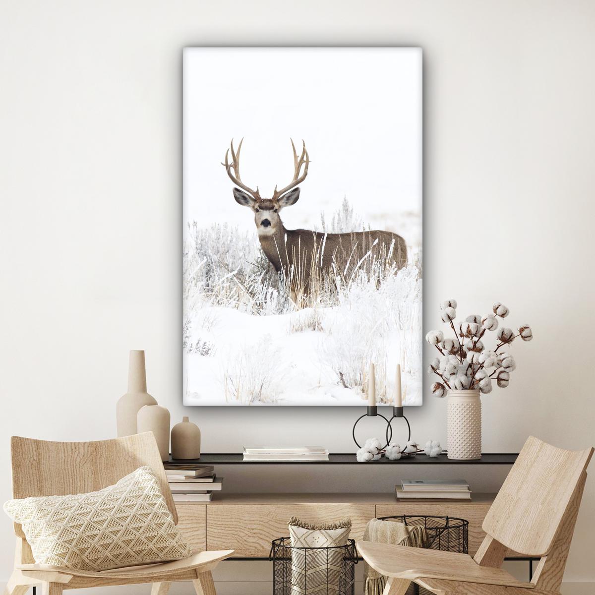 LEINWANDBILD Hirsche - Winter - Schnee - Tiere - Jahreszeiten - Weiß Deko XXL 80x120 cm - Hellbraun, Textil (80/120cm) - MuchoWow