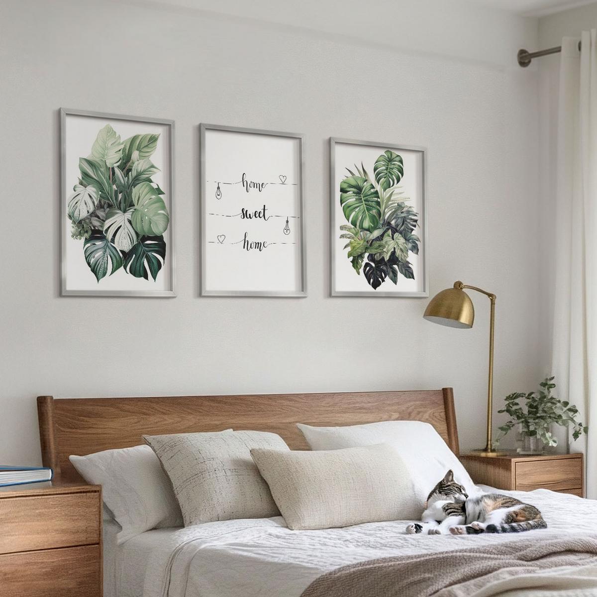BILDER SET 3er Set - 40x60 cm Silberner Rahmen - Aquarell-Monstera-Blätter - Silberfarben, Kunststoff (40/60cm) - TULUP
