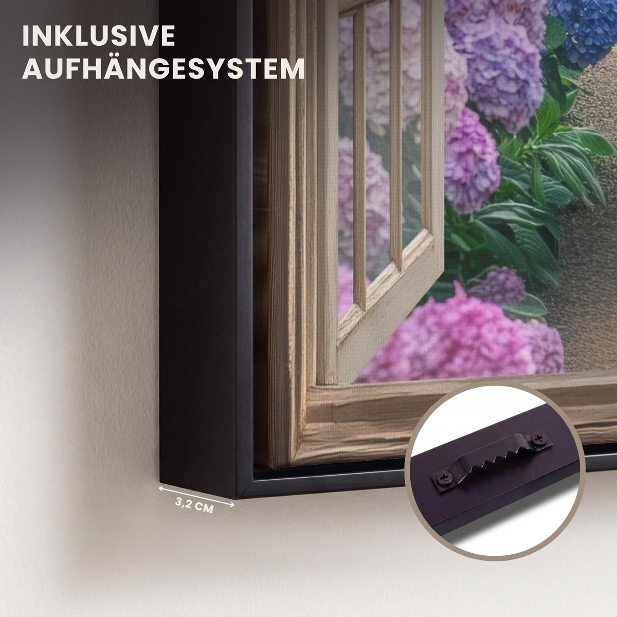 LEINWAND Bilder mit Rahmen - Aussicht - Garten - Fenster - Hortensie - Blumen - 30x40 - Pastellblau, Textil (30/40cm) - MuchoWow