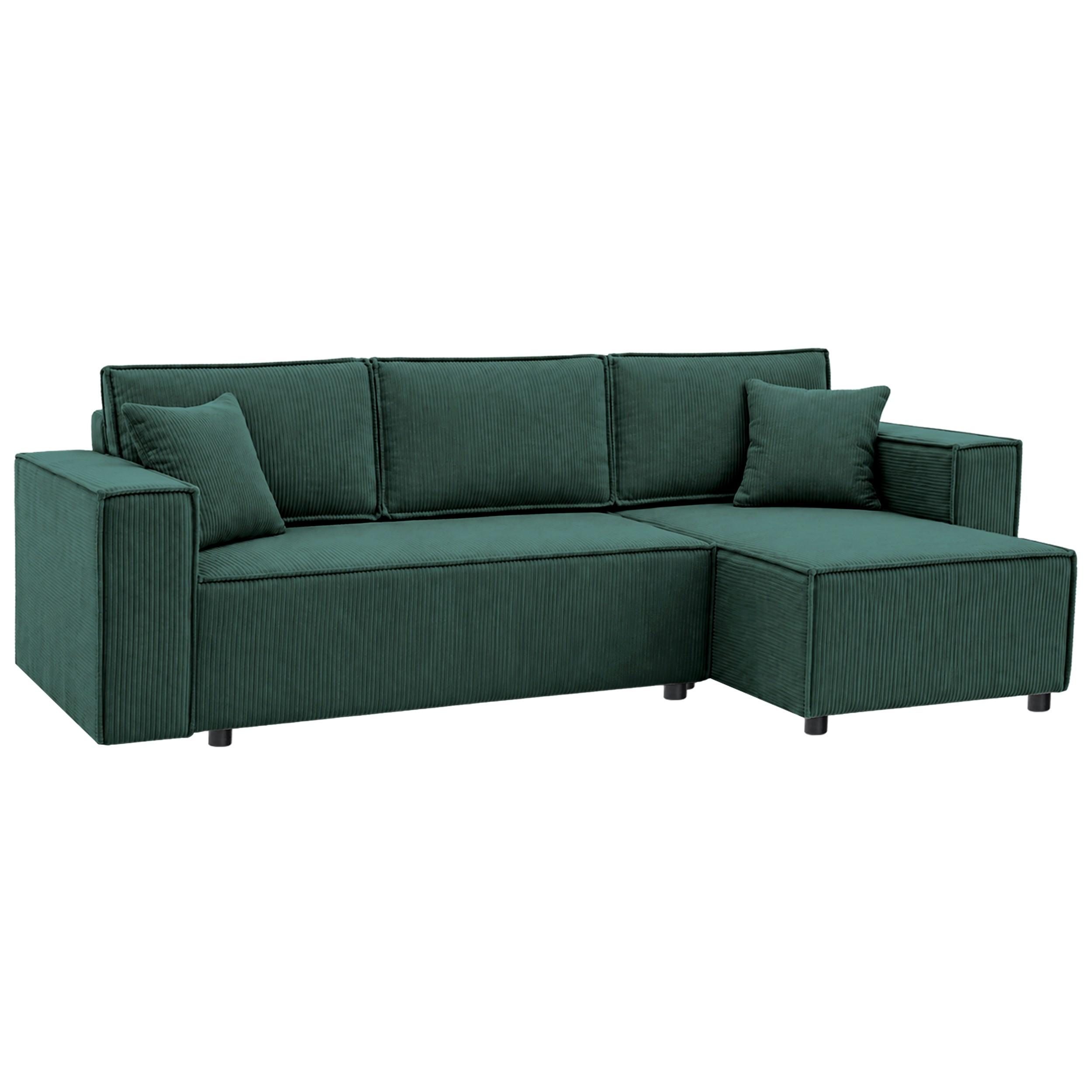 ECKSCHLAFSOFA Neapol mit Bettkasten, 255 cm, Cord-Stoff, Grün - Schwarz/Grün, Textil (256/148cm) - Beautysofa