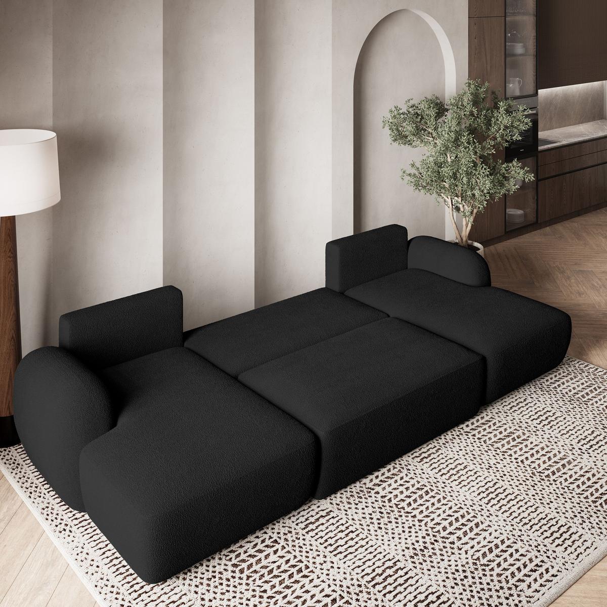 WOHNLANDSCHAFT SAVONA N Schwarz Boucle-Stoff mit Schlaffunktion - Schwarz, Holz/Kunststoff (320/90/148cm) - MASSENO