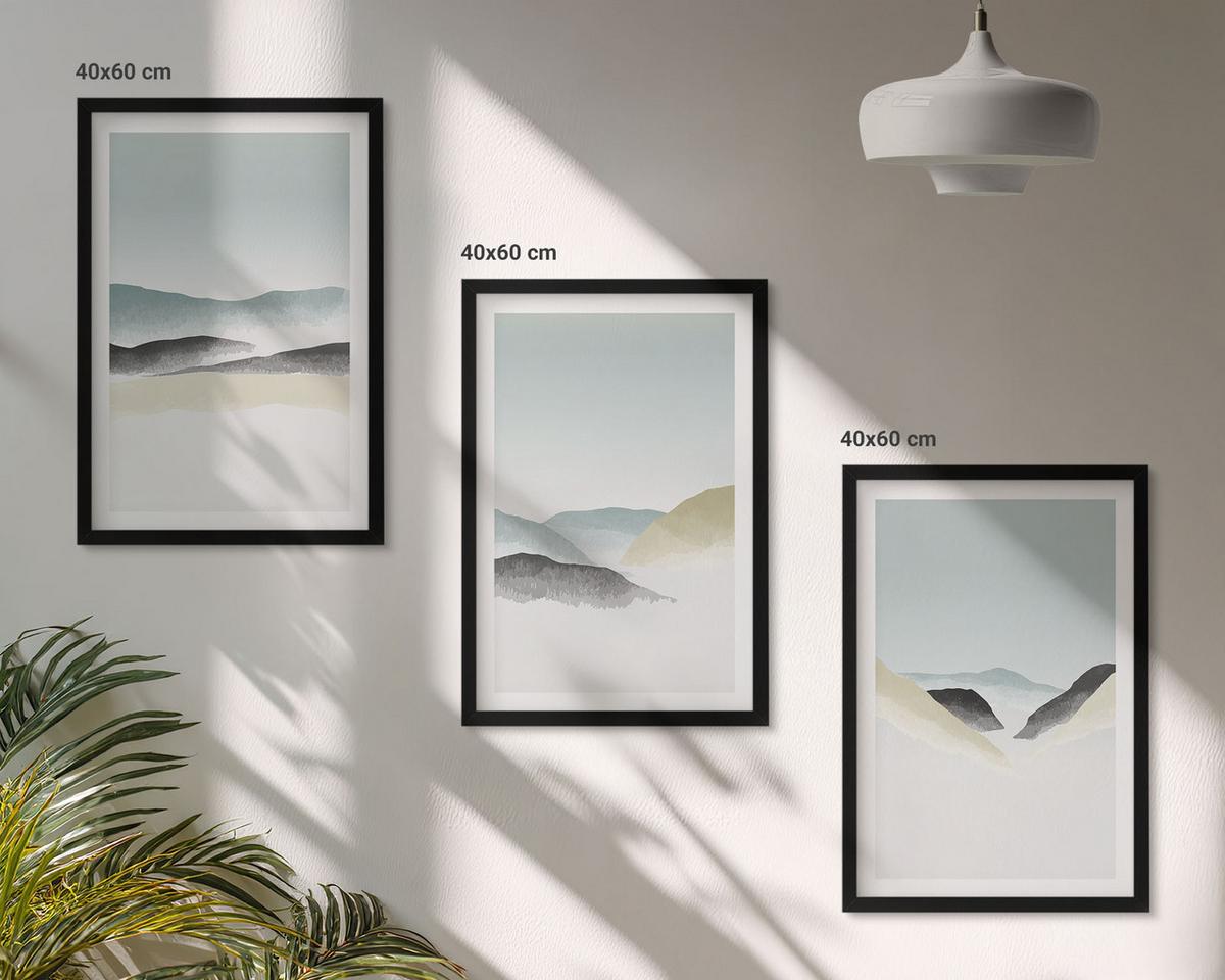 BILDER SET 3er Set - 40x60 cm Schwarzer Rahmen - Minimalistische Pastellberge - Schwarz, Kunststoff (40/60cm) - TULUP