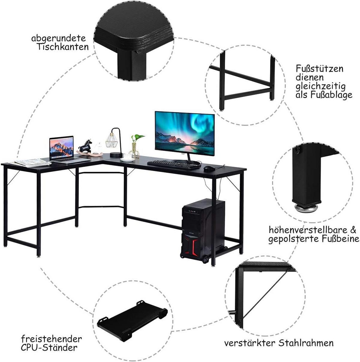 COMPUTERTISCH Schwarz - Schwarz, Holzwerkstoff (125.5/167.5/73.5cm) - COSTWAY