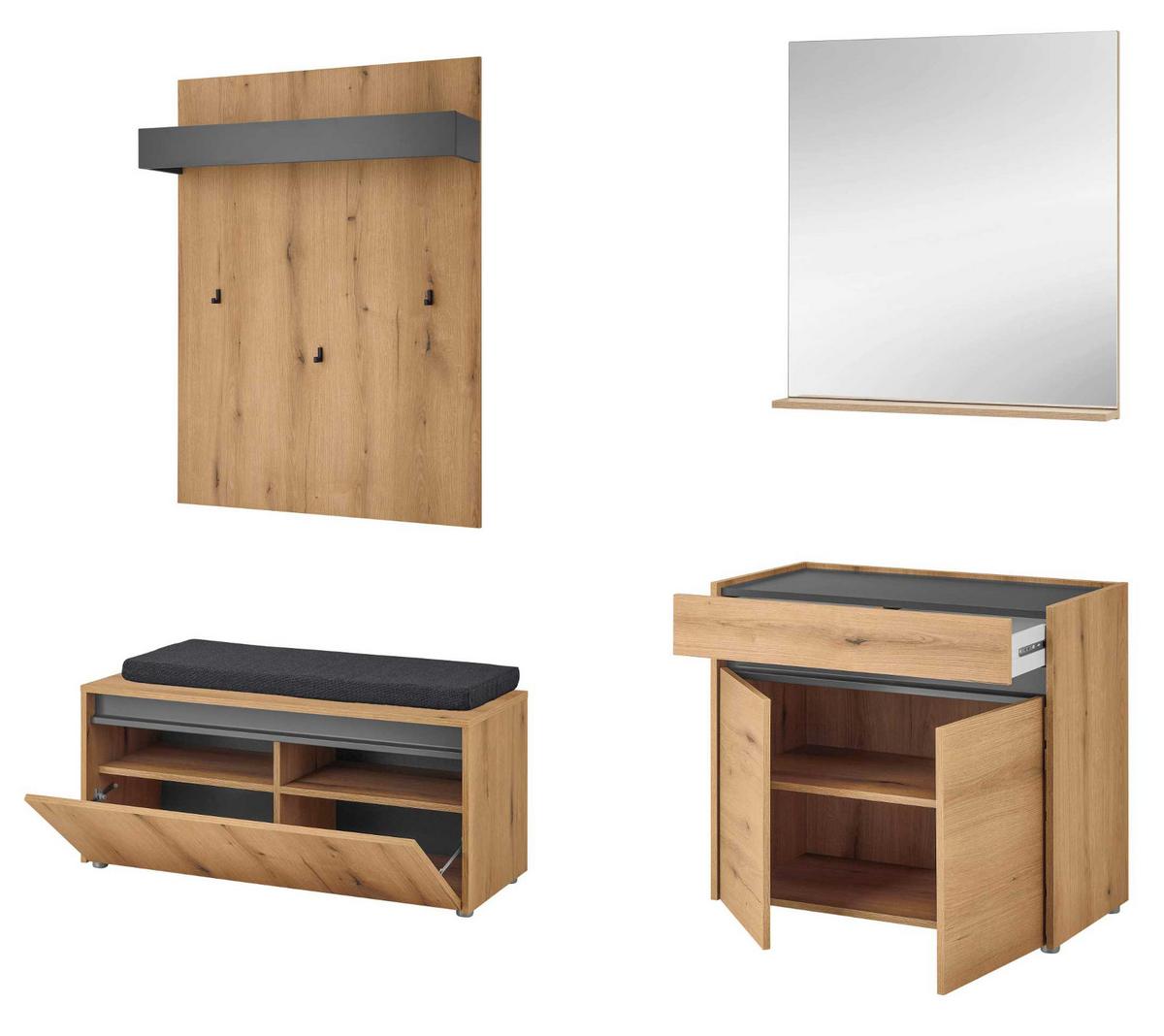 GARDEROBE-SET Evoke Eiche mit Grau, 5-teilige Flurgarderobe 190 cm inklusive Sitzkissen - Eichefarben/Schwarz, Glas/Holzwerkstoff (190/200/40cm) - Furn.Design