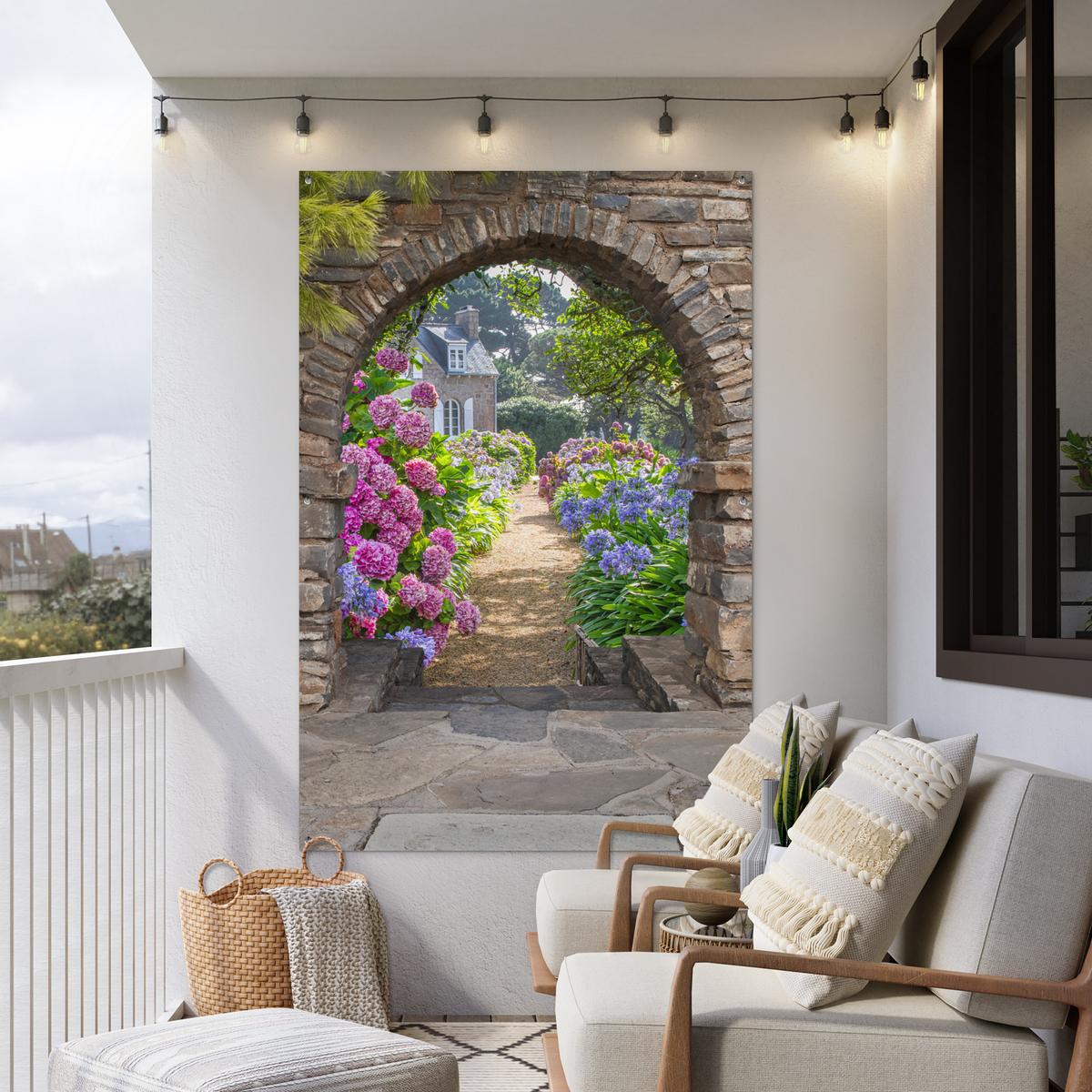 GARTENPOSTER Blumen - Guck-guck - Hortensie - Sommer Bild 120x180 cm - Braun, Kunststoff (120/180/0.2cm) - OnlyWow