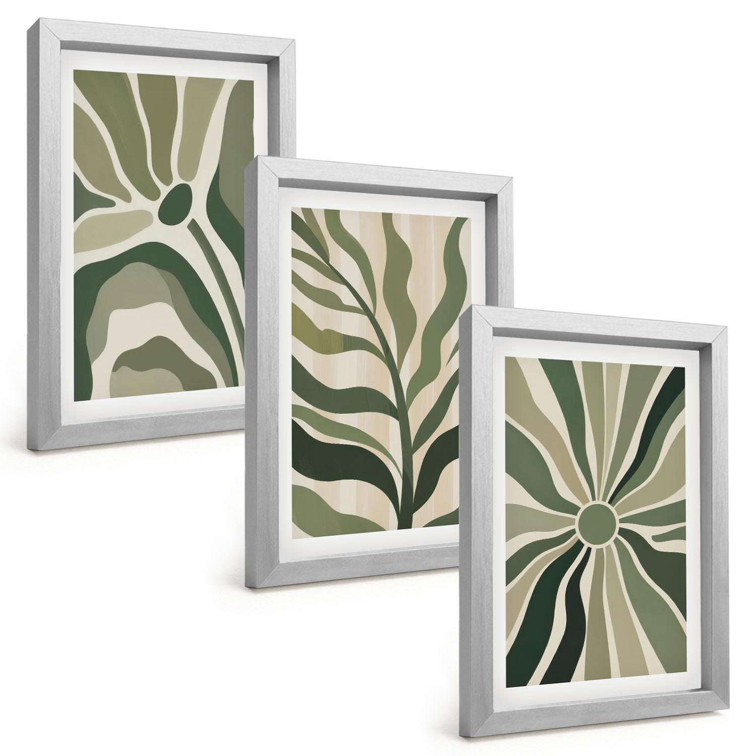 BILDER SET 3er Set - 20x30 cm Silberner Rahmen - Grüne und beige Pflanzenmuster - Silberfarben, Kunststoff (20/30cm) - TULUP