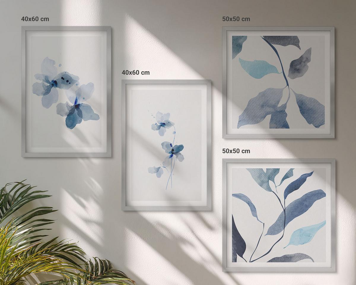 BILDER SET 4er Set - 50x50 cm & 40x60 cm Silberner Rahmen - Minimalistische blaue Blumen - Silberfarben, Kunststoff (50/50cm) - TULUP