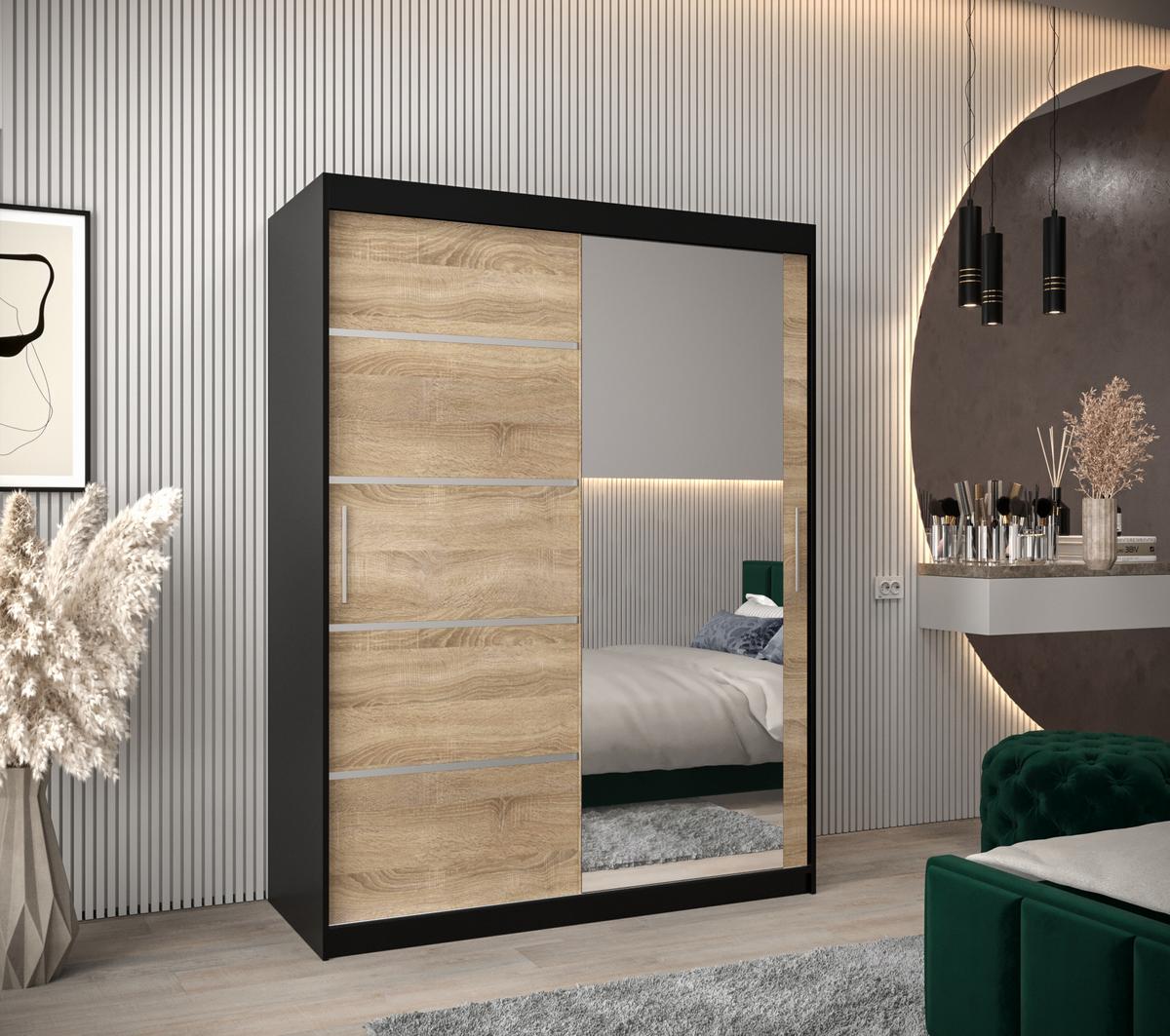 SCHWEBETÜRENSCHRANK 200/150/62 2-türig - Silberfarben/Schwarz, Holz/Kunststoff (150/200/62cm) - MÖBEL KRYSPOL
